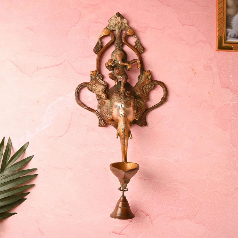 Brass Elephant Ganesha Wall Hanging Diya with Bell (16 Inch)