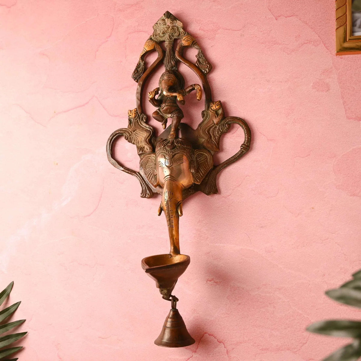 Brass Elephant Ganesha Wall Hanging Diya with Bell (16 Inch)