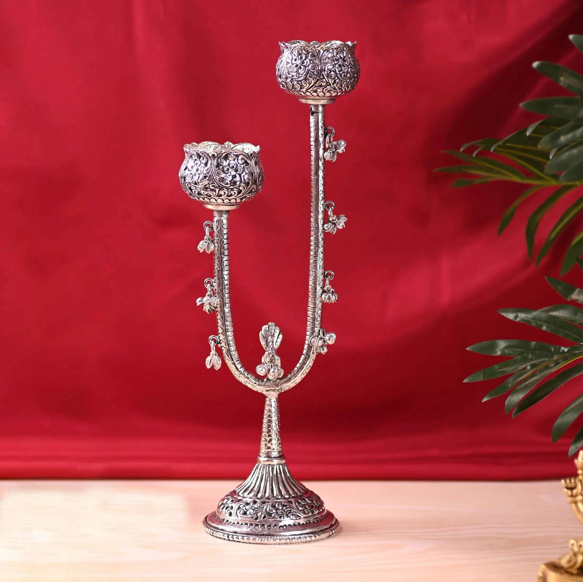 Brass Silver Plated Candle Stand with Ghungroo (13.5 Inch)