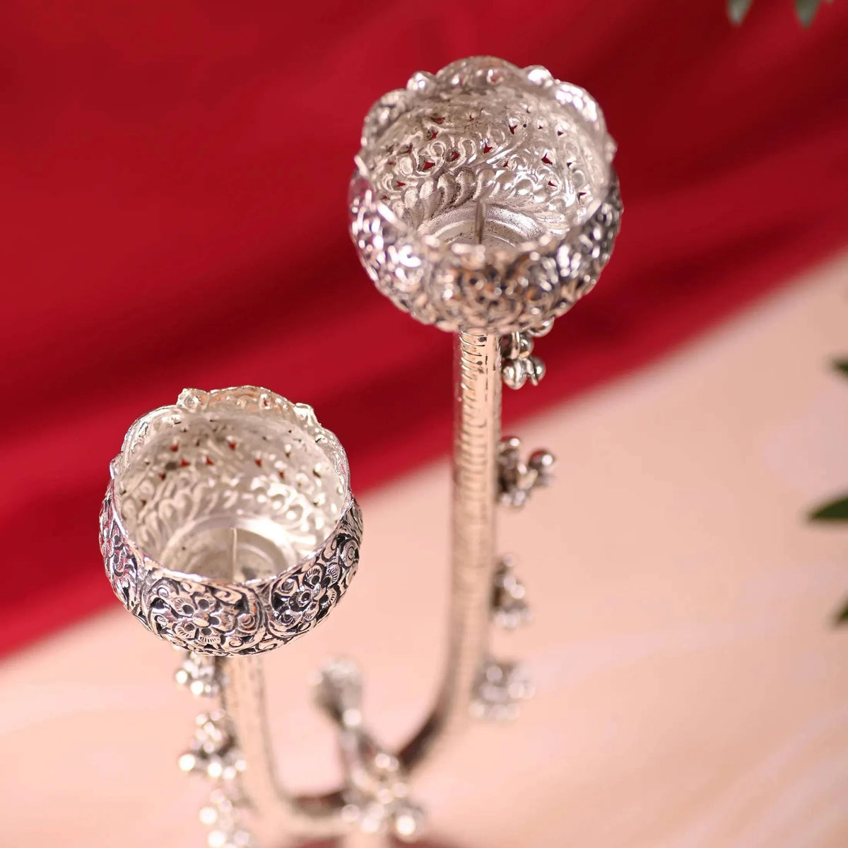 Brass Silver Plated Candle Stand with Ghungroo (13.5 Inch)
