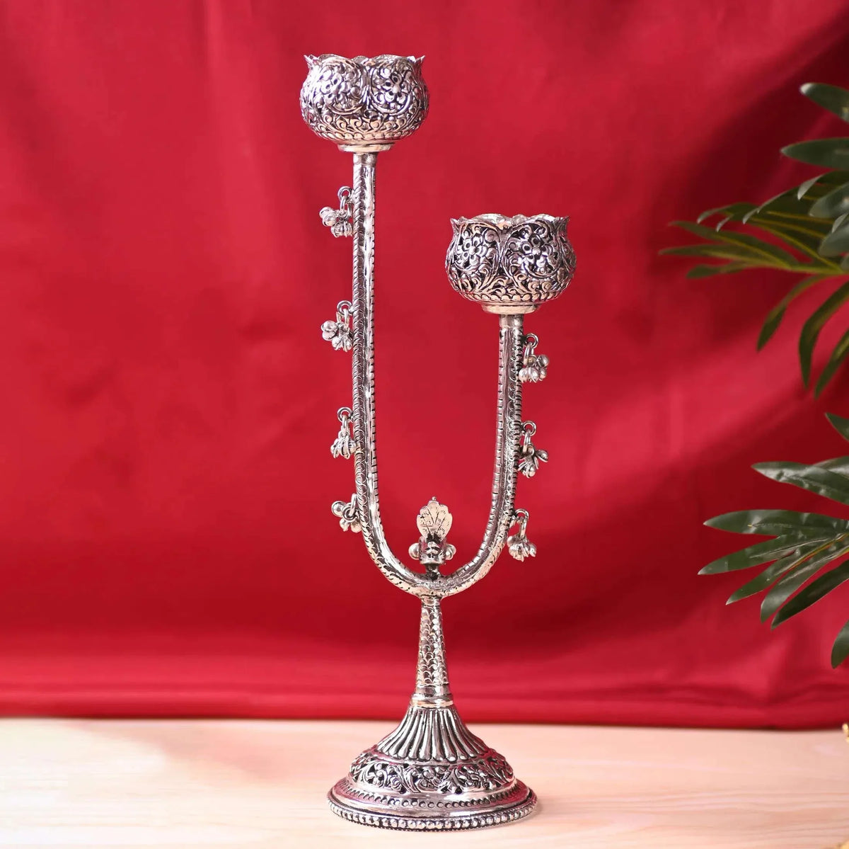 Brass Silver Plated Candle Stand with Ghungroo (13.5 Inch)