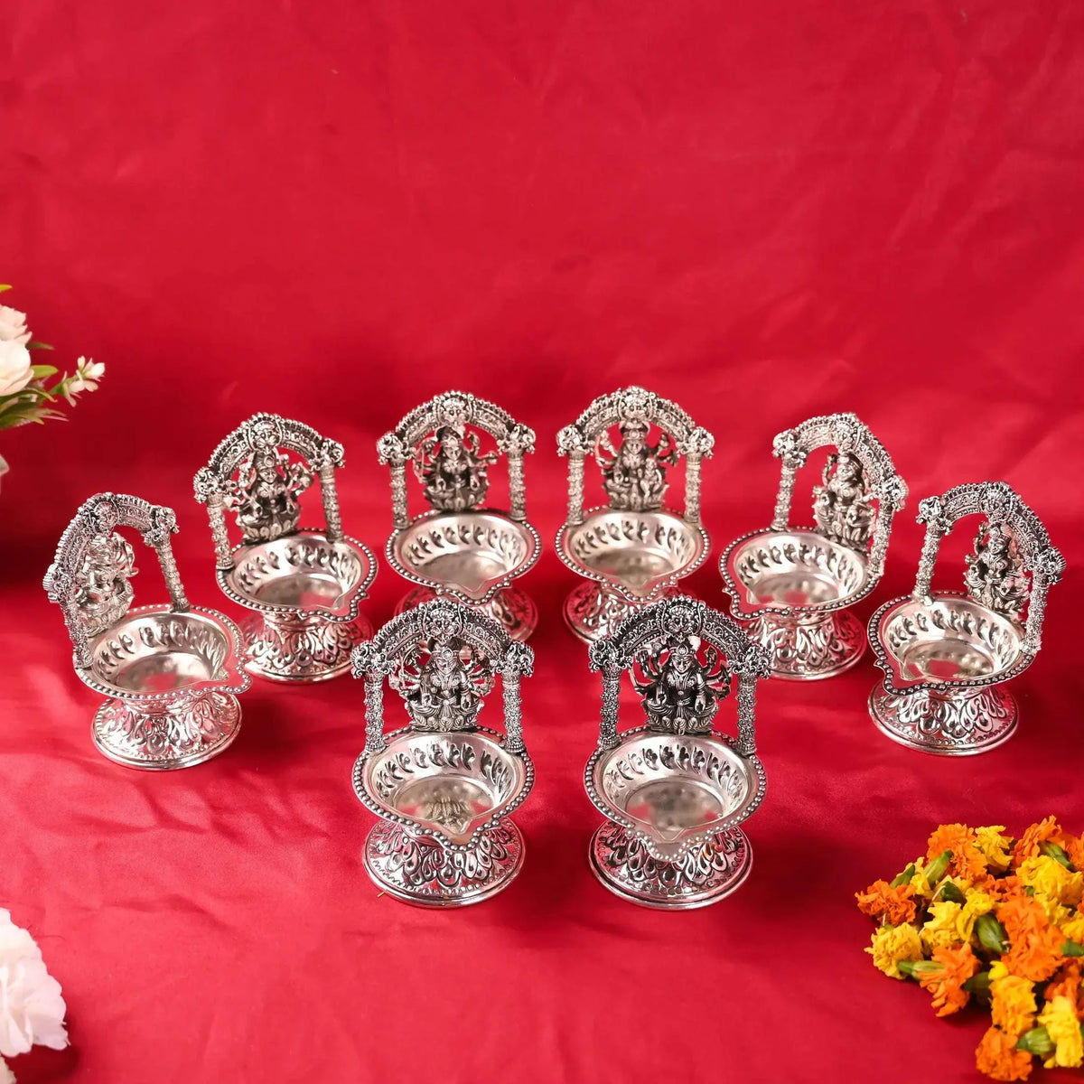 Brass Silver Plated Ashtalakshmi Diya set (5.7 Inch)