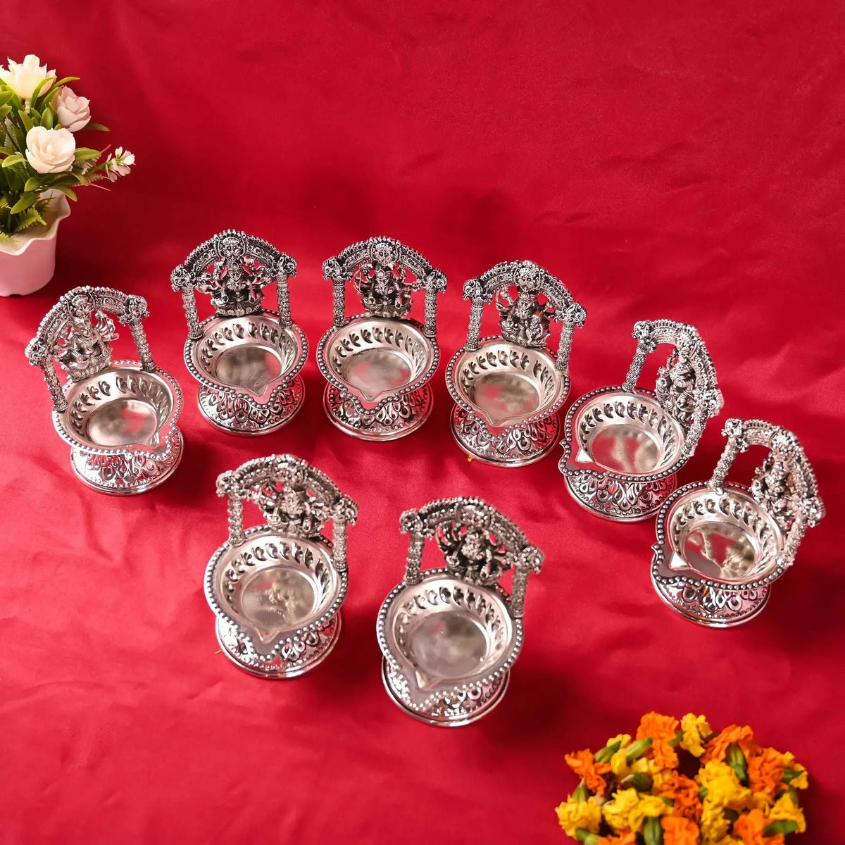 Brass Silver Plated Ashtalakshmi Diya set (5.7 Inch)