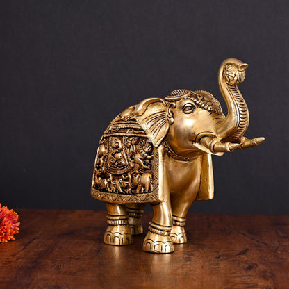 Brass Superfine Elephant With Ganesha And Animals Carving (7.5 Inch)