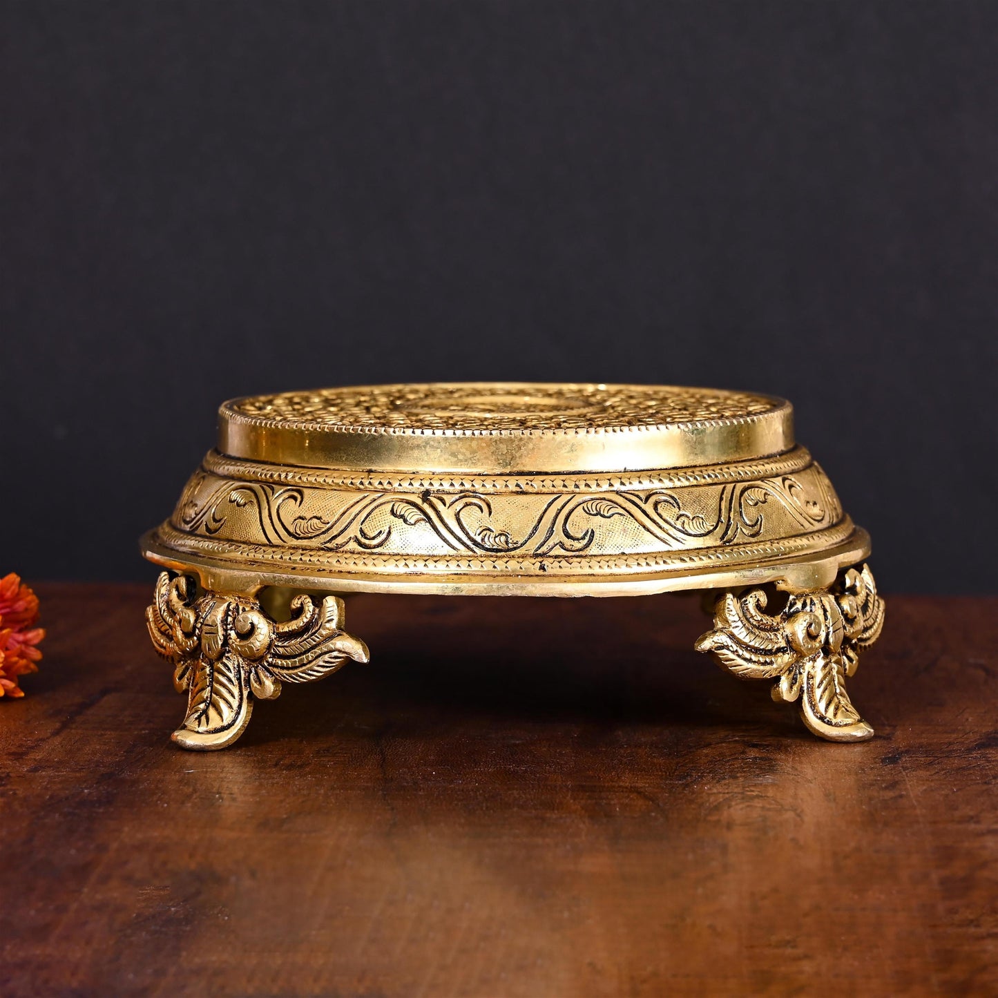 Brass Handcarved Traditional Pooja Chowki (3 Inch)