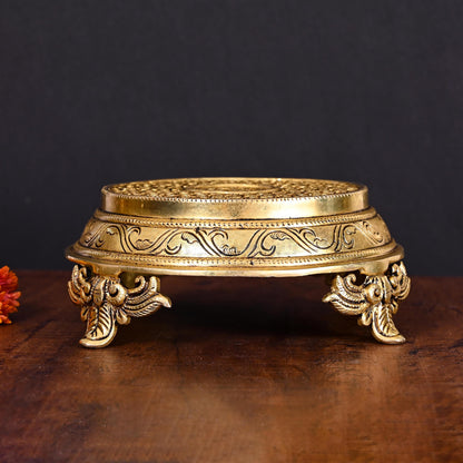 Brass Handcarved Traditional Pooja Chowki (3 Inch)
