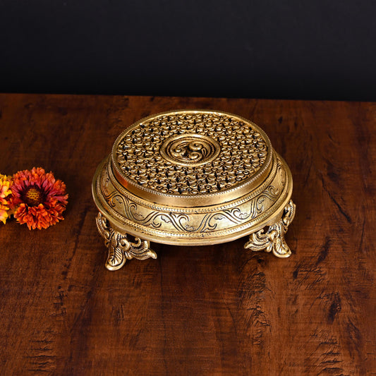 Brass Handcarved Traditional Pooja Chowki (3 Inch)