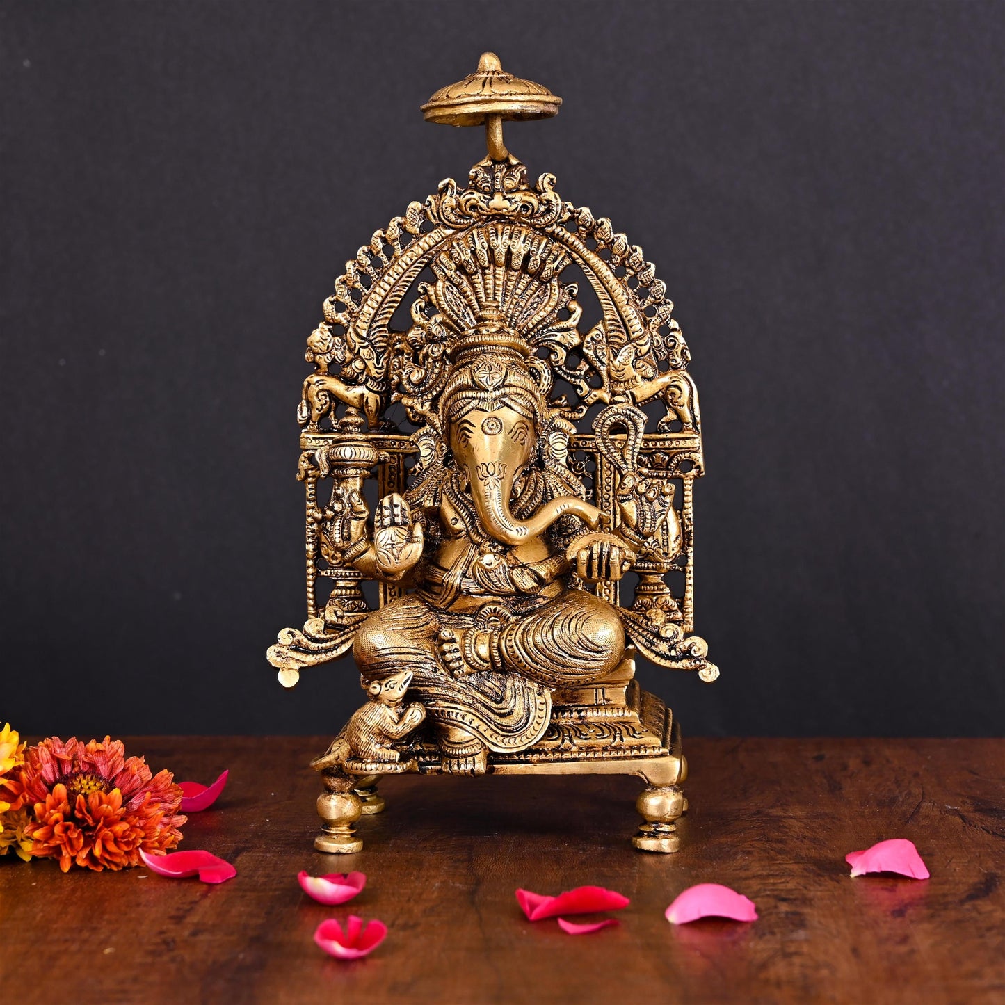 Brass Superfine Ganesha On Singhasan Idol (9.2 Inch)