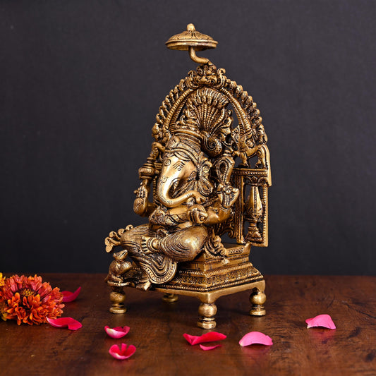 Brass Superfine Ganesha On Singhasan Idol (9.2 Inch)