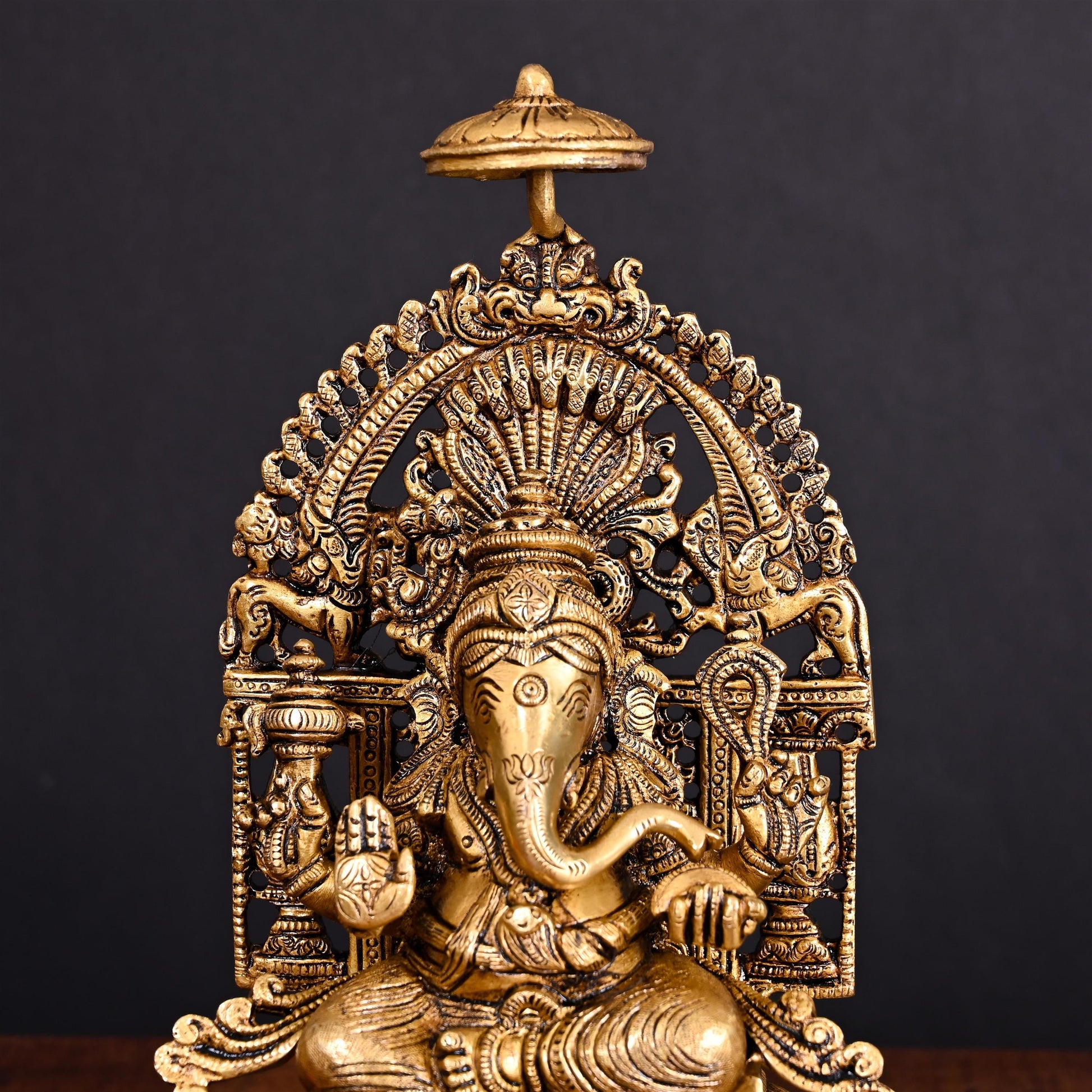 Brass Superfine Ganesha On Singhasan Idol (9.2 Inch)