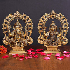 Brass Superfine Ganesha And Lakshmi On Throne Idol (8 Inch)