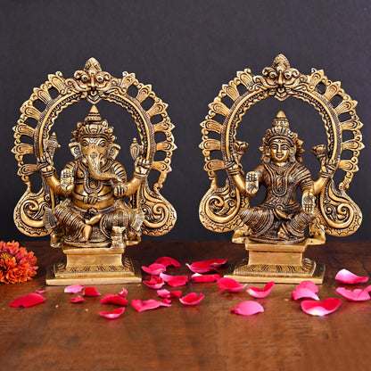 Brass Superfine Ganesha And Lakshmi On Throne Idol (8 Inch)