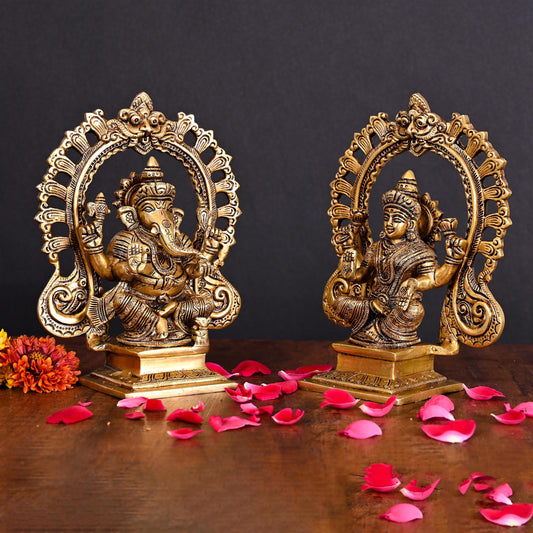 Brass Superfine Ganesha And Lakshmi On Throne Idol (8 Inch)