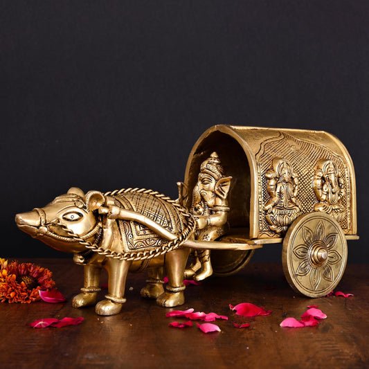 Brass Lord Ganesha On Mushak Cart (6.5 Inch)