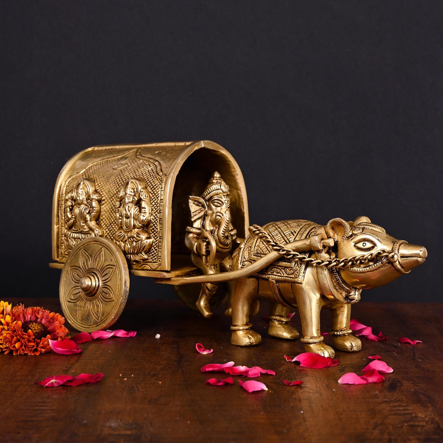 Brass Lord Ganesha On Mushak Cart (6.5 Inch)