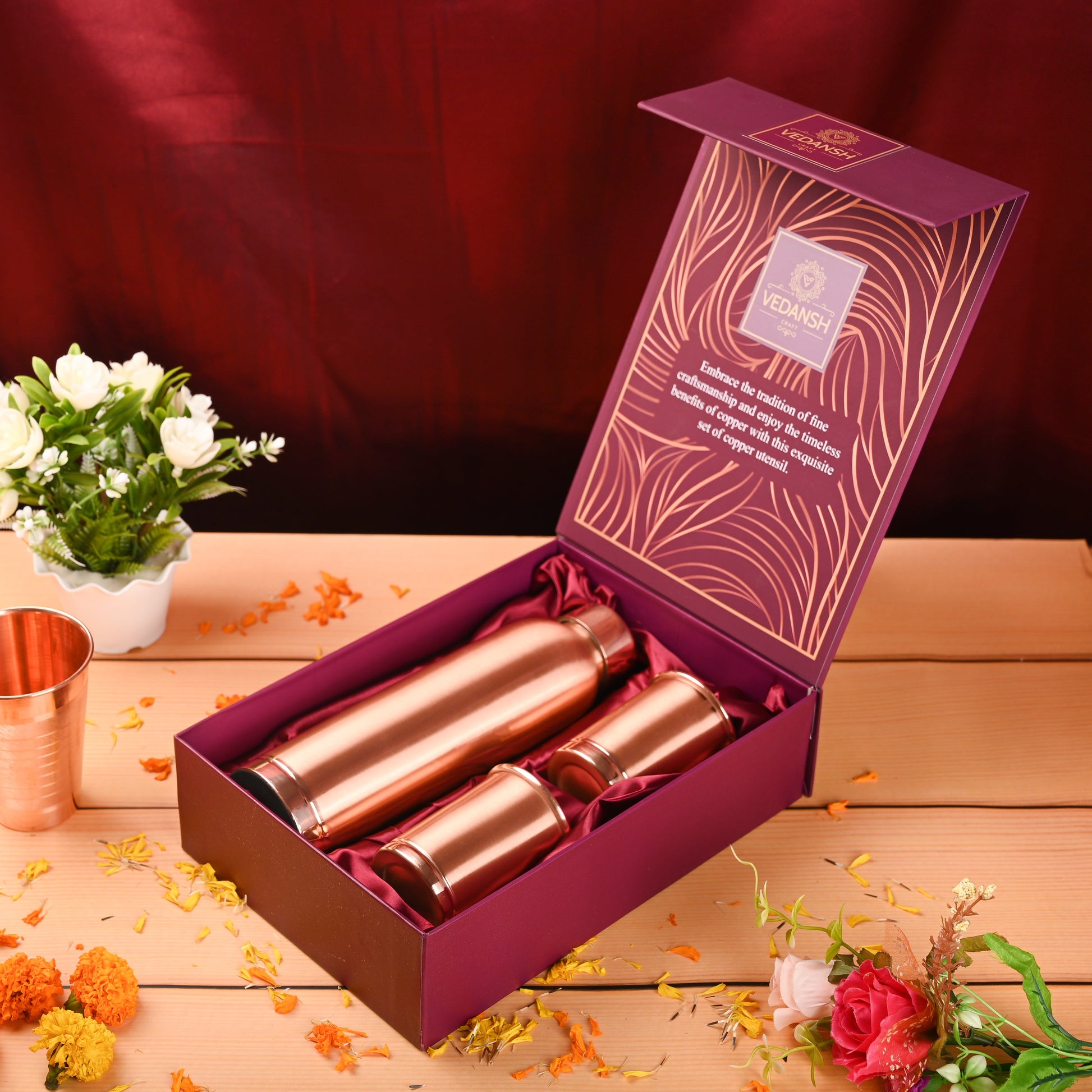 Copper Premium Lemon Matt Bottle with Glass Set – Handmade Gift Box