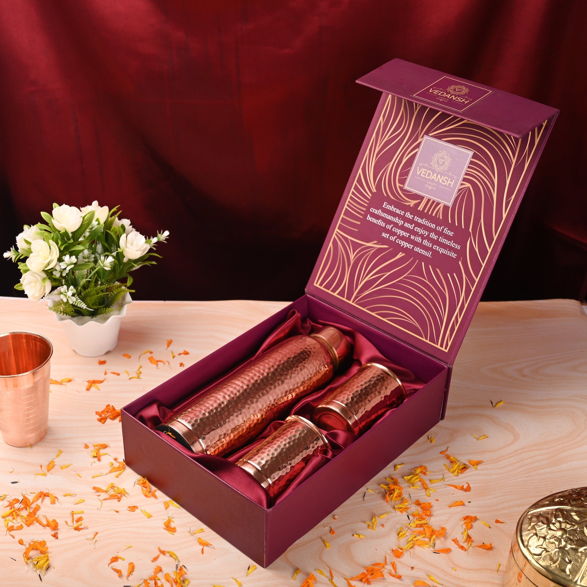 Copper Premium Lemon F/H Hammered Bottle with Glass Set – Handmade Gift Box