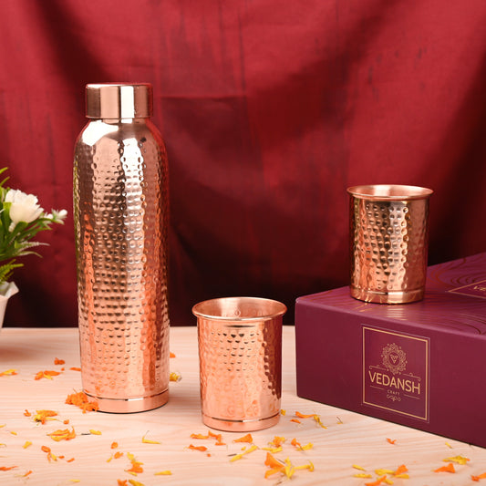 Copper Premium Lemon F/H Hammered Bottle with Glass Set – Handmade Gift Box