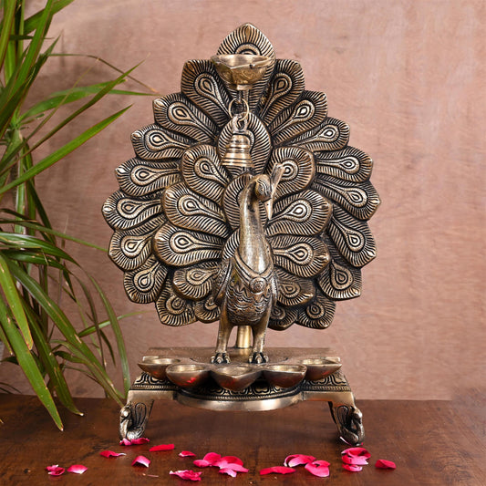 Brass Majestic Peacock Diya/Lamp With Bell (14.5 Inch)