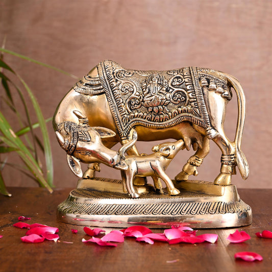 Brass Kamdhenu Cow With Calf Idol (5 Inch)
