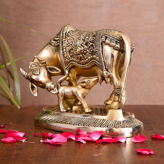 Brass Kamdhenu Cow With Calf Idol (5 Inch)