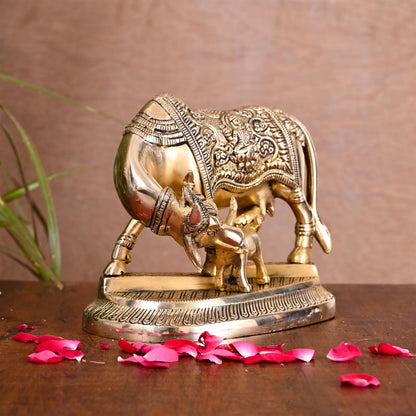 Brass Kamdhenu Cow With Calf Idol (5 Inch)