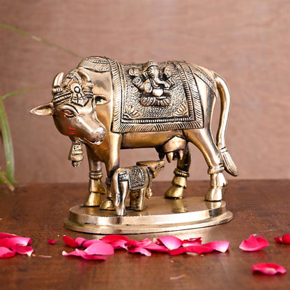 Brass Kamdhenu Cow With Calf Idol (4.5 Inch)