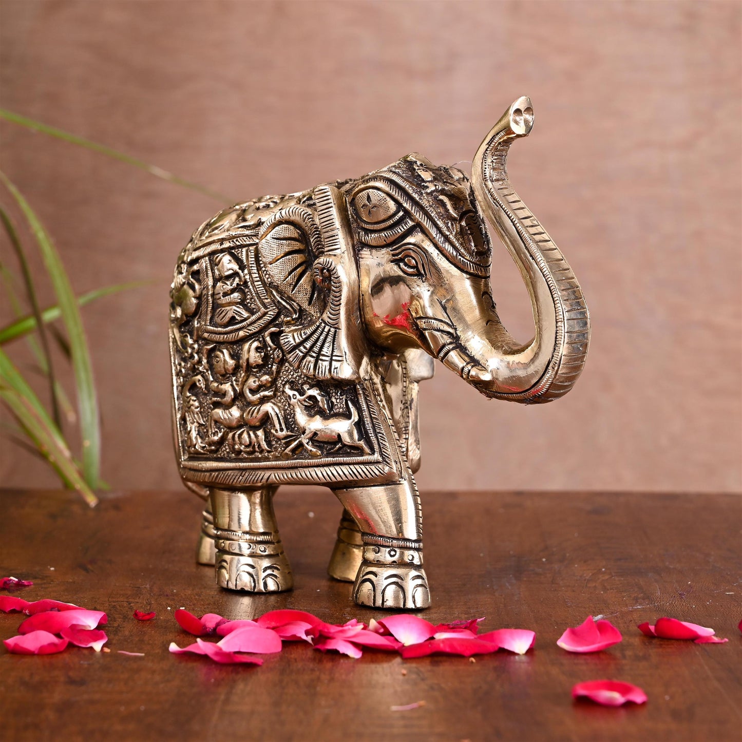 Brass Royal Elephant With Ganesha And Wildlife Carving (6 Inch)