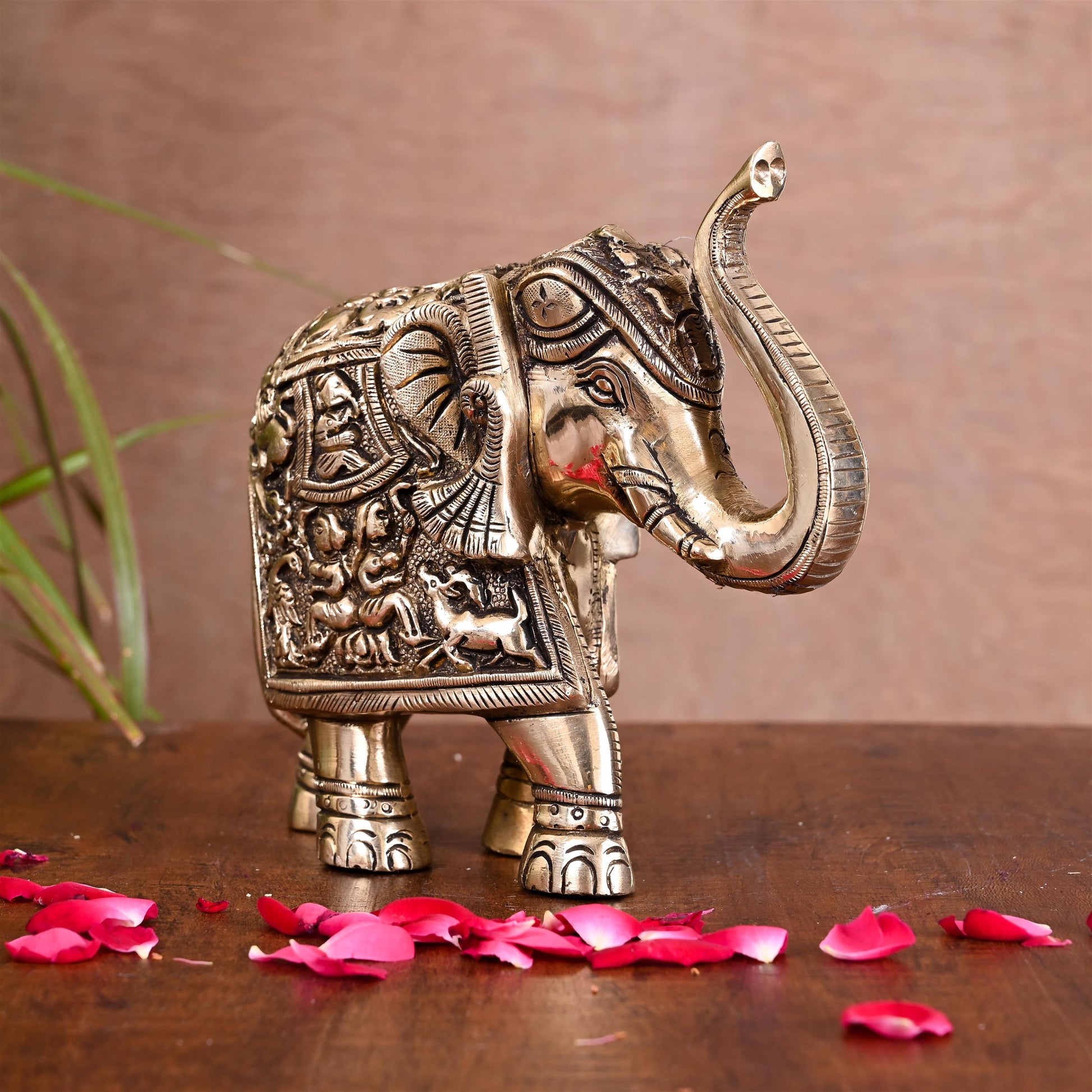 Brass Royal Elephant With Ganesha And Wildlife Carving (6 Inch)