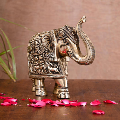 Brass Royal Elephant With Ganesha And Wildlife Carving (6 Inch)