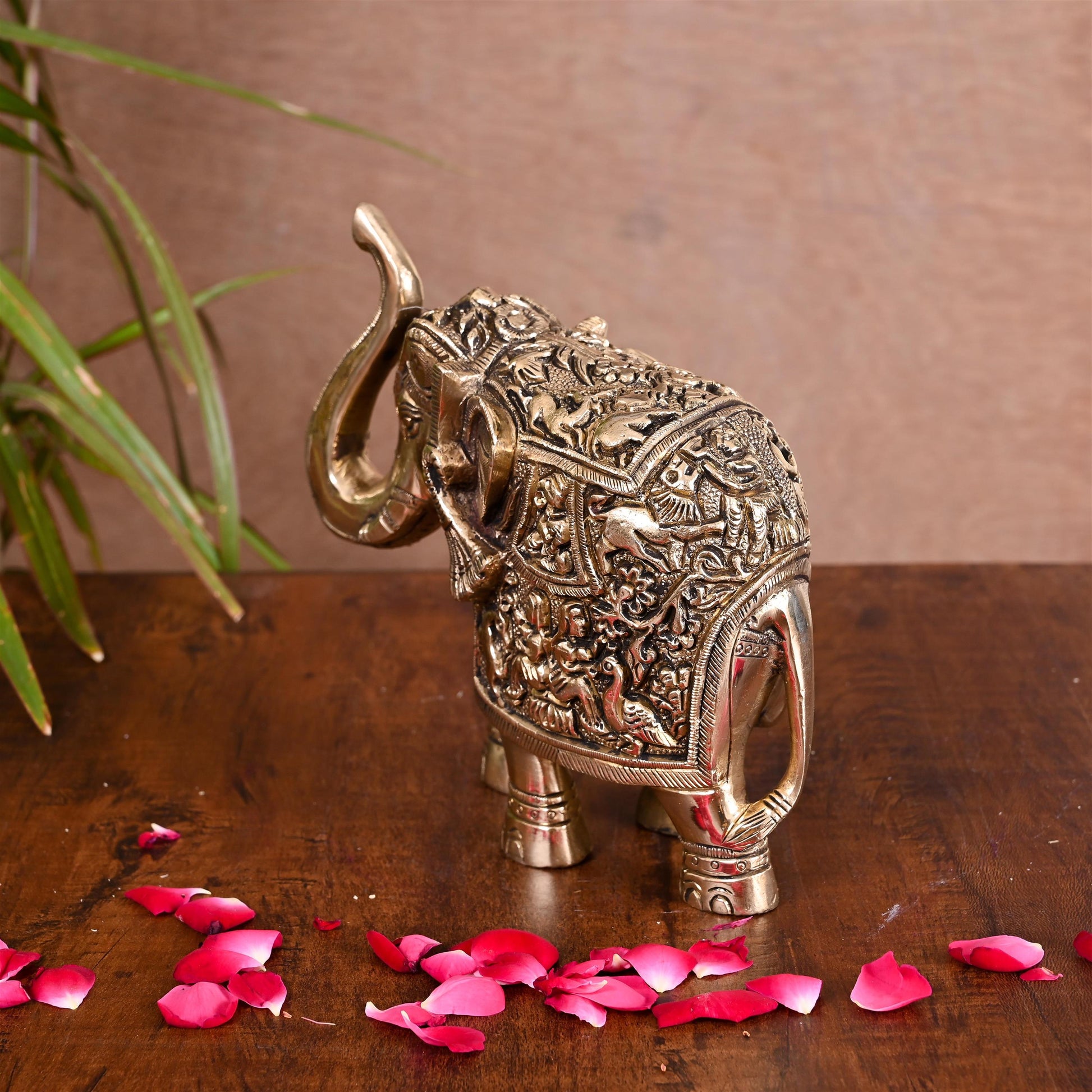 Brass Royal Elephant With Ganesha And Wildlife Carving (6 Inch)
