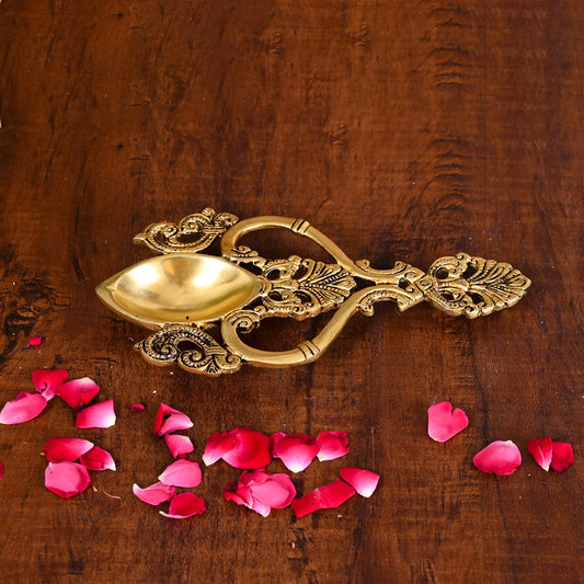 Brass Handcarved Pooja Spoon/Lamp (7.5 Inch)