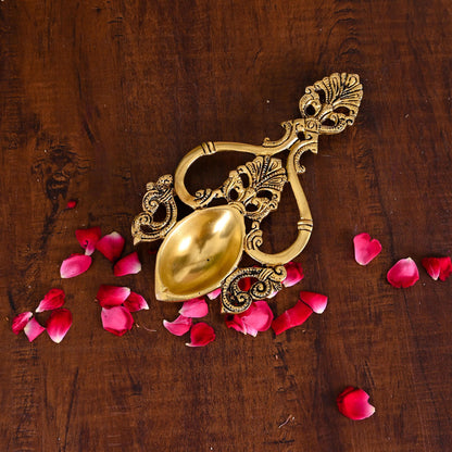 Brass Handcarved Pooja Spoon/Lamp (7.5 Inch)