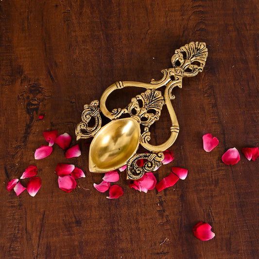 Brass Handcarved Pooja Spoon/Lamp (7.5 Inch)
