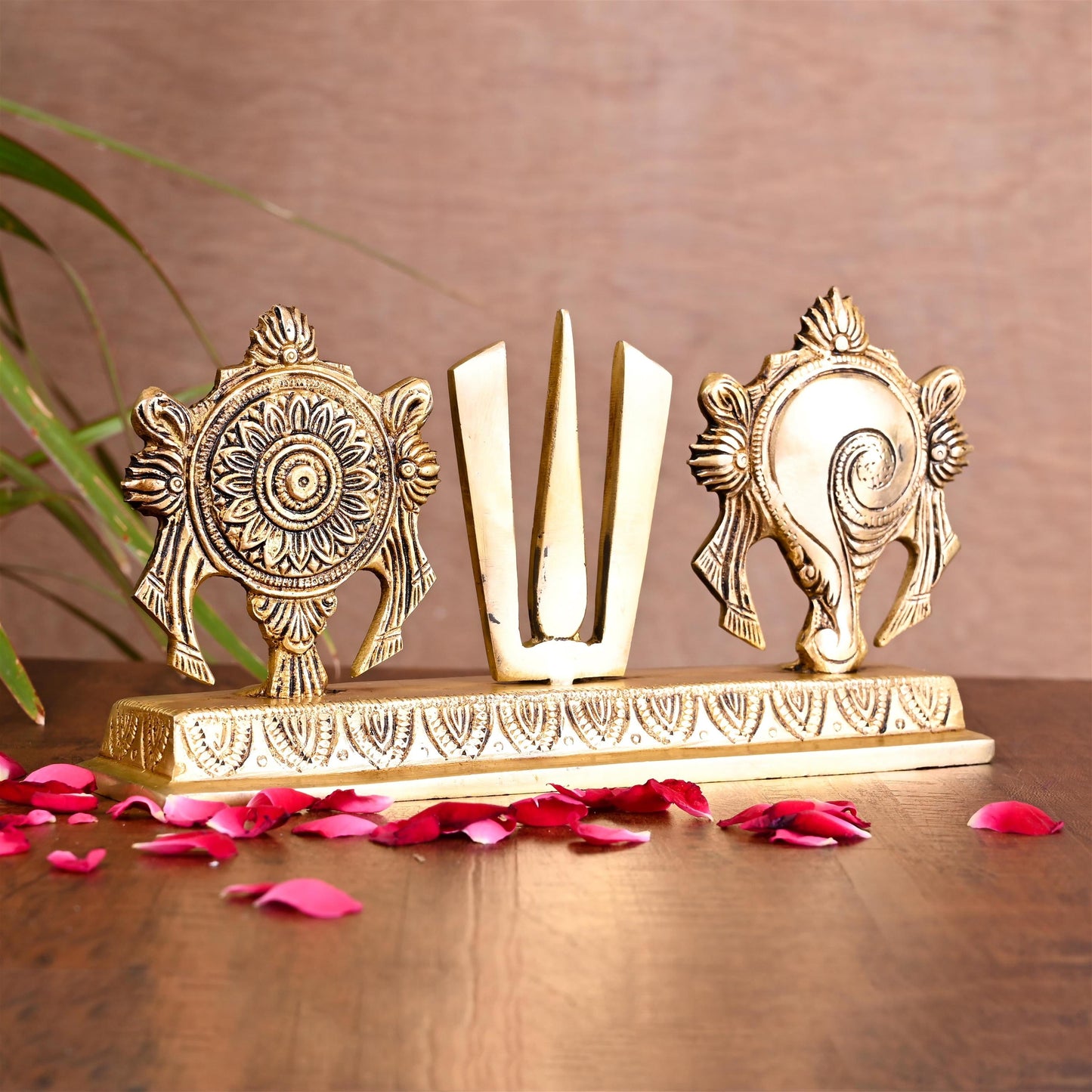 Brass Shankh Chakra Namah Religious Showpiece (4 Inch)