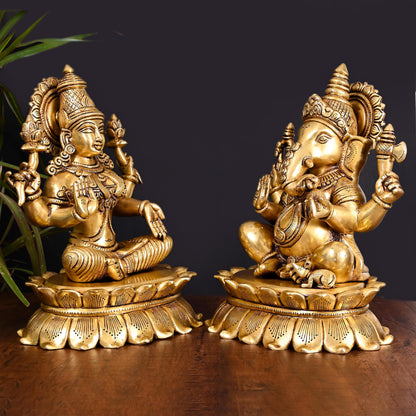 Brass Superfine Ganesha And Lakshmi Idols Set (11 Inch)