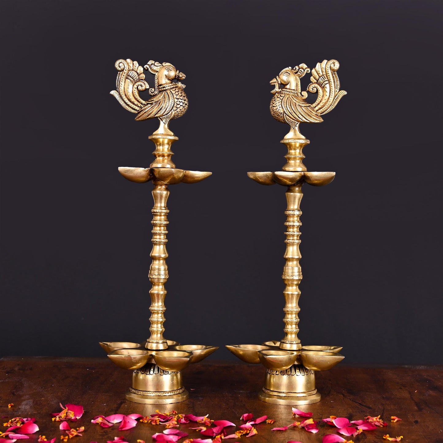 Brass Peacock Ten Petal Diya/Lamp Pair (13 Inch)