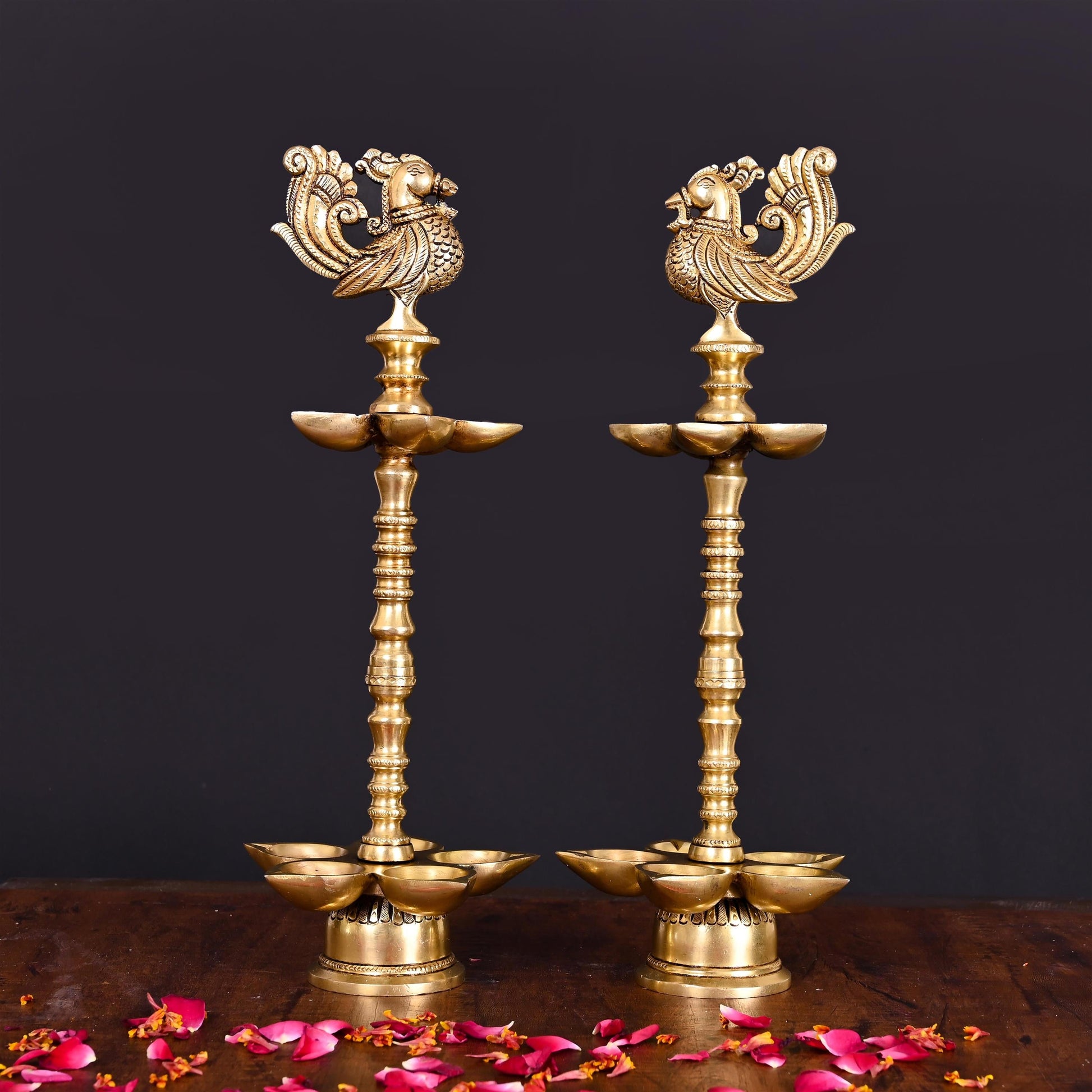 Brass Peacock Ten Petal Diya/Lamp Pair (13 Inch)