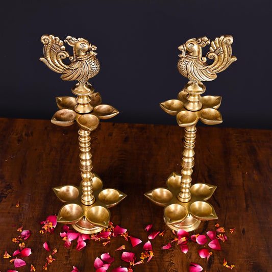 Brass Peacock Ten Petal Diya/Lamp Pair (13 Inch)