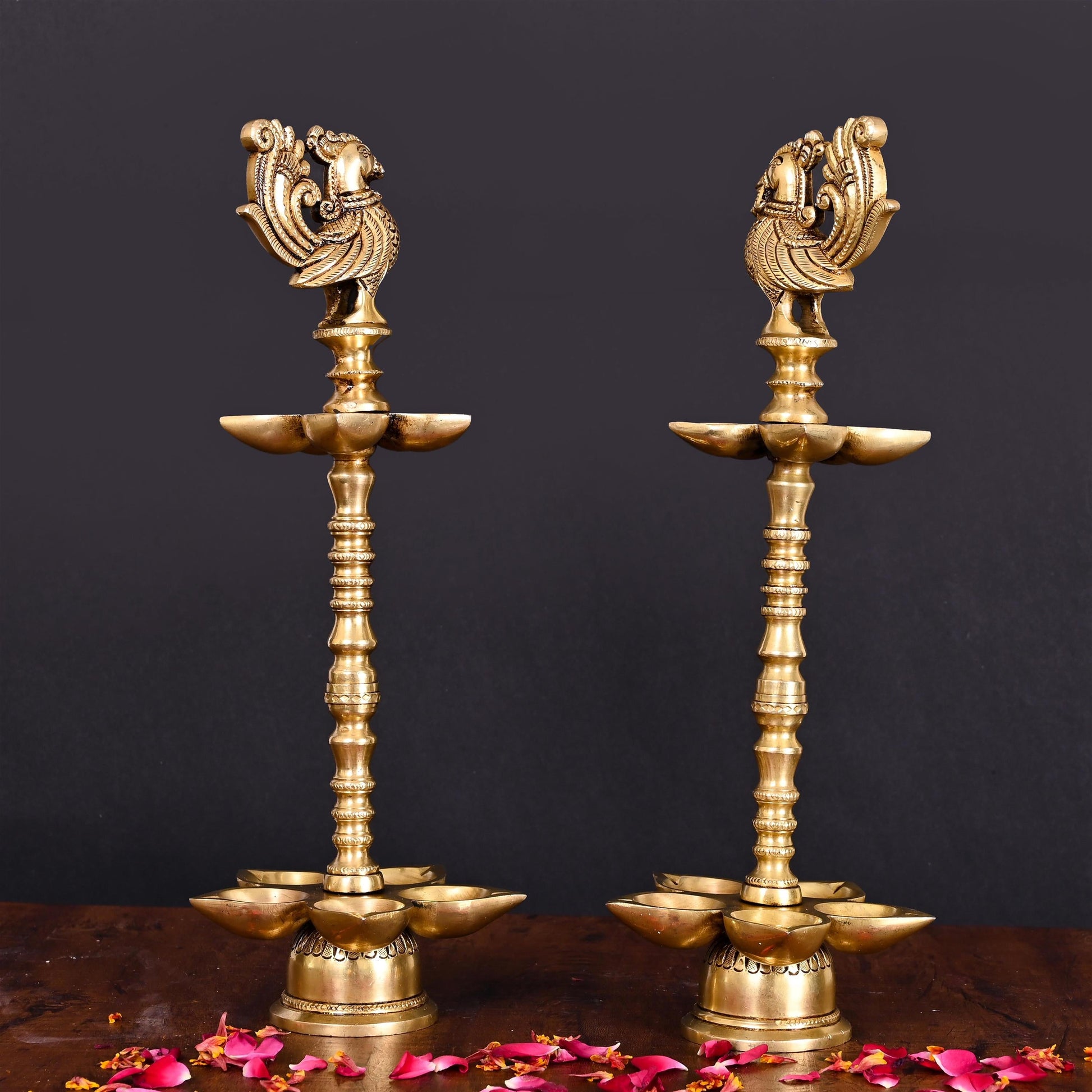 Brass Peacock Ten Petal Diya/Lamp Pair (13 Inch)