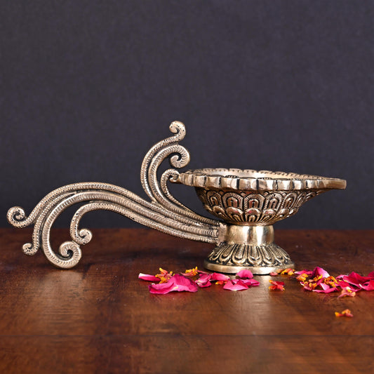 Brass Ethnic Hand carved Diya With Handle (4 Inch)