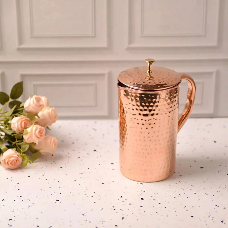 Copper Hammered Design Jug with Four Glass Set (8.8 Inch)