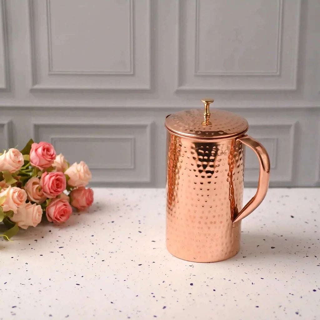 Copper Hammered Design Jug with Four Glass Set (8.8 Inch)