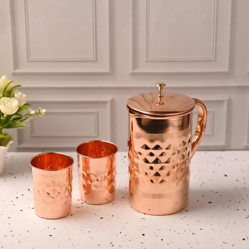 Copper Diamond Design Jug with Four Glass set (8.8 Inch)