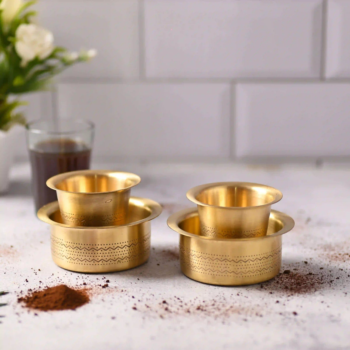 Brass Designer Coffee Davara Cup Pair (2.5 Inch)