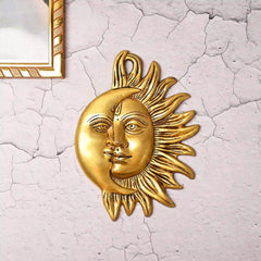 Brass Sun With Moon Wall Hanging – Handmade Premium Brass Decor (8.5 Inch)