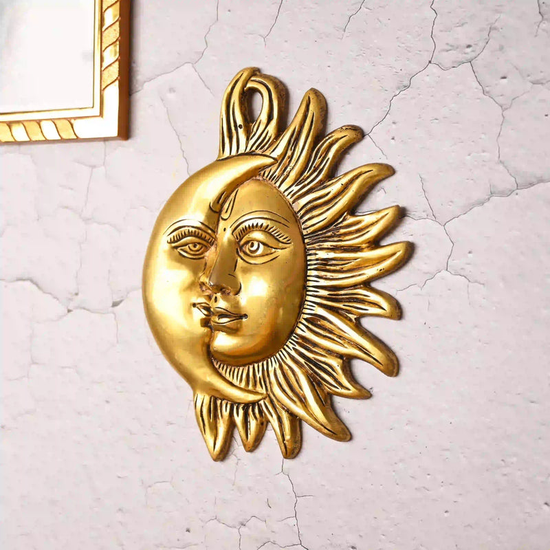 Brass Sun With Moon Wall Hanging – Handmade Premium Brass Decor (8.5 Inch)