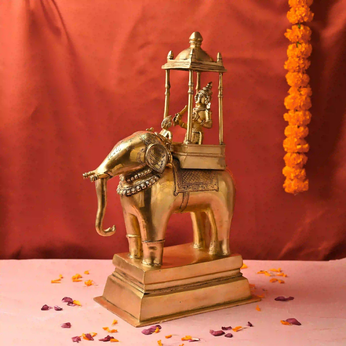 Brass Hindu Deity Seated on Elephant Statue With Mahavat (20.5 Inch)