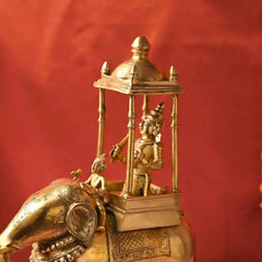 Brass Hindu Deity Seated on Elephant Statue With Mahavat (20.5 Inch)