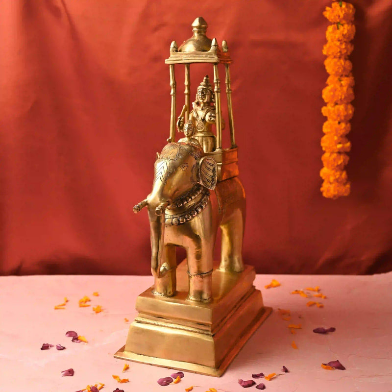 Brass Hindu Deity Seated on Elephant Statue With Mahavat (20.5 Inch)